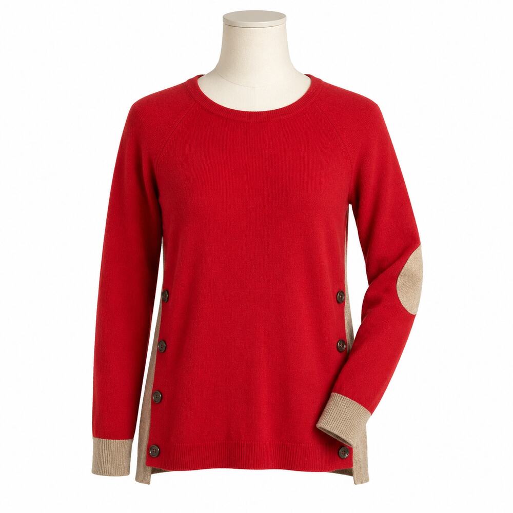 J. Crew Colorblock Red & Tan Side-Button Crewneck Sweater w/ Elbow Patches • XS